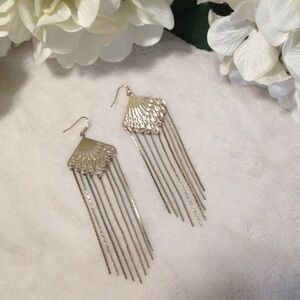 Gold Tone Statement Fan Dangle Fringe Earrings